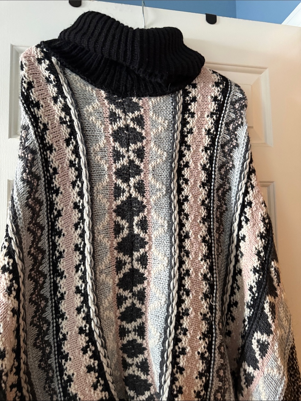 Turtleneck Fair Isle Poncho Sweater in Black, Gray & Blush